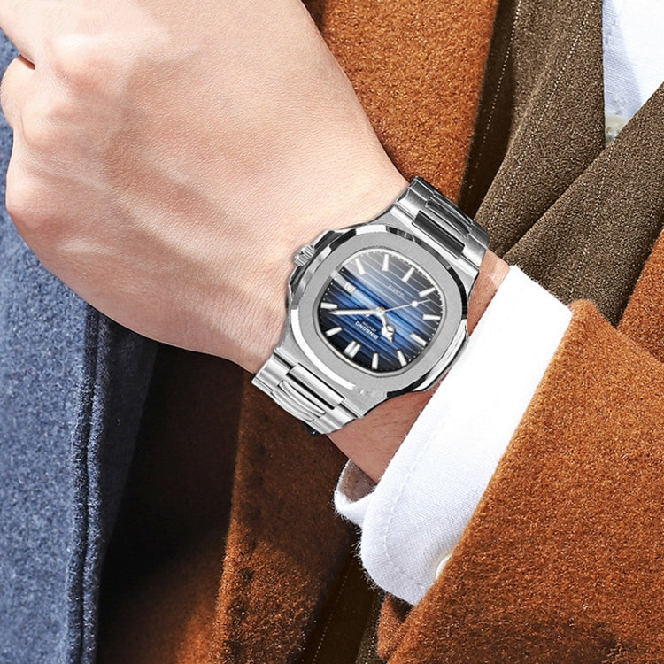 BINBOND B1885 30m Waterproof Retro Luminous Square Men Quartz Watch, Color: White Steel-Blue - Metal Strap Watches by BINBOND | Online Shopping South Africa | PMC Jewellery