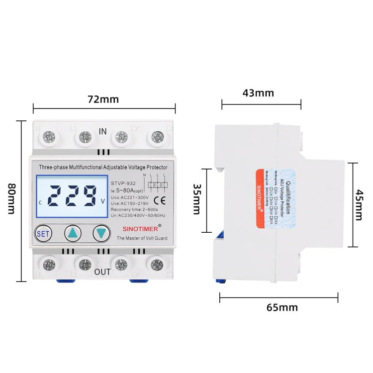 SINOTIMER STVP-932 50A 3-phase 380V LCD Self-resetting Adjustable Surge Voltage Protector - Other Tester Tool by SINOTIMER | Online Shopping South Africa | PMC Jewellery | Buy Now Pay Later Mobicred