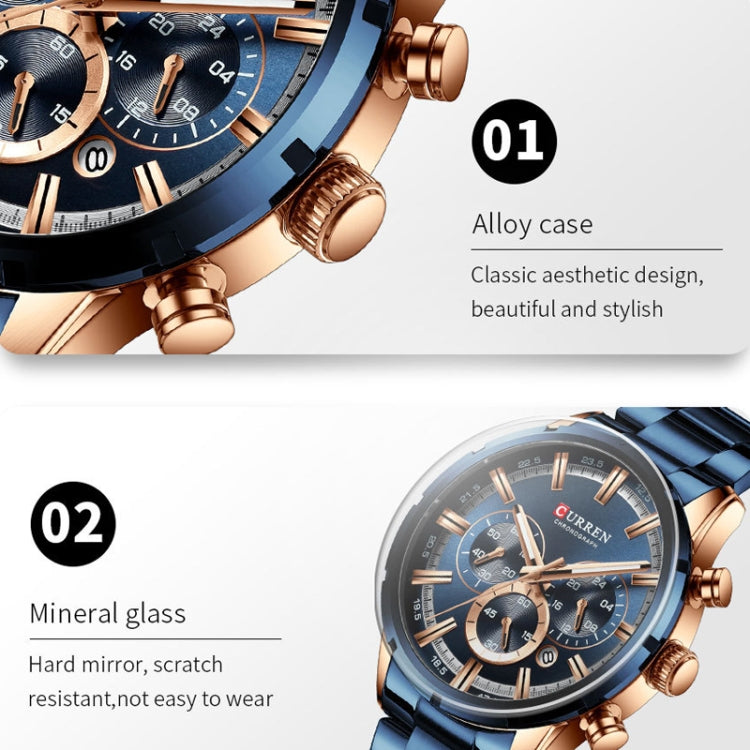 Curren M8355 Men Watch Waterproof Quartz Six Stitches Calendar Steel Belt Business Watch(Rose Shell Blue) - Metal Strap Watches by Curren | Online Shopping South Africa | PMC Jewellery