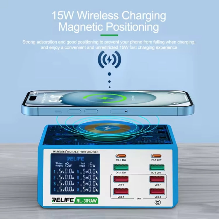 RELIFE RL-309AW  QC3.0 PD Fast Wireless Charger With LCD Display 8 Ports(US Plug) - Multifunction Charger by RELIFE | Online Shopping South Africa | PMC Jewellery | Buy Now Pay Later Mobicred