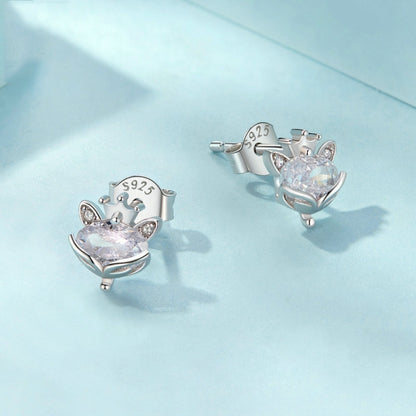 S925 Sterling Silver Platinum Plated Crown Fox Princess Earrings(SCE1708) - Stud Earrings & Earrings by PMC Jewellery | Online Shopping South Africa | PMC Jewellery | Buy Now Pay Later Mobicred