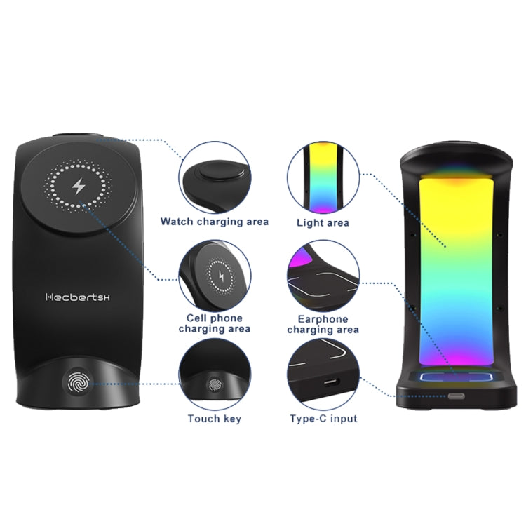 T17 3-in-1 RGB Atmosphere Light MagSafe Phone Watch Earphone Wireless Charger, Color: Black with  UK Plug - Wireless Charger by PMC Jewellery | Online Shopping South Africa | PMC Jewellery | Buy Now Pay Later Mobicred