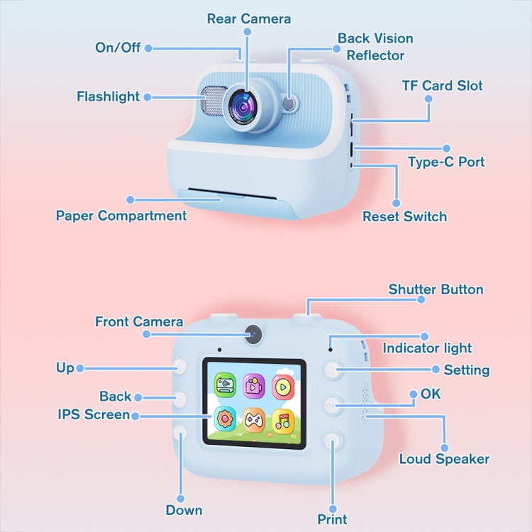 M8 2.4-Inch 1080P HD 2400W Pixel Dual-Camera Children Thermal Printing Camera, Color: Blue+32GB - Children Cameras by PMC Jewellery | Online Shopping South Africa | PMC Jewellery | Buy Now Pay Later Mobicred