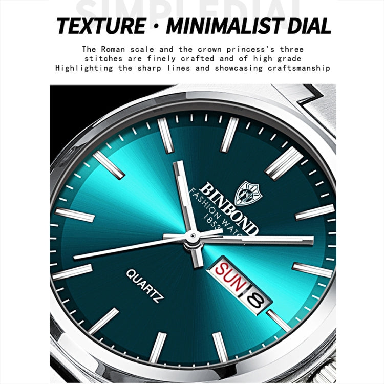 BINBOND B102 Dual-calendar Leisure Waterproof Luminous Quartz Watch, Color: White Steel-Blue - Metal Strap Watches by BINBOND | Online Shopping South Africa | PMC Jewellery | Buy Now Pay Later Mobicred