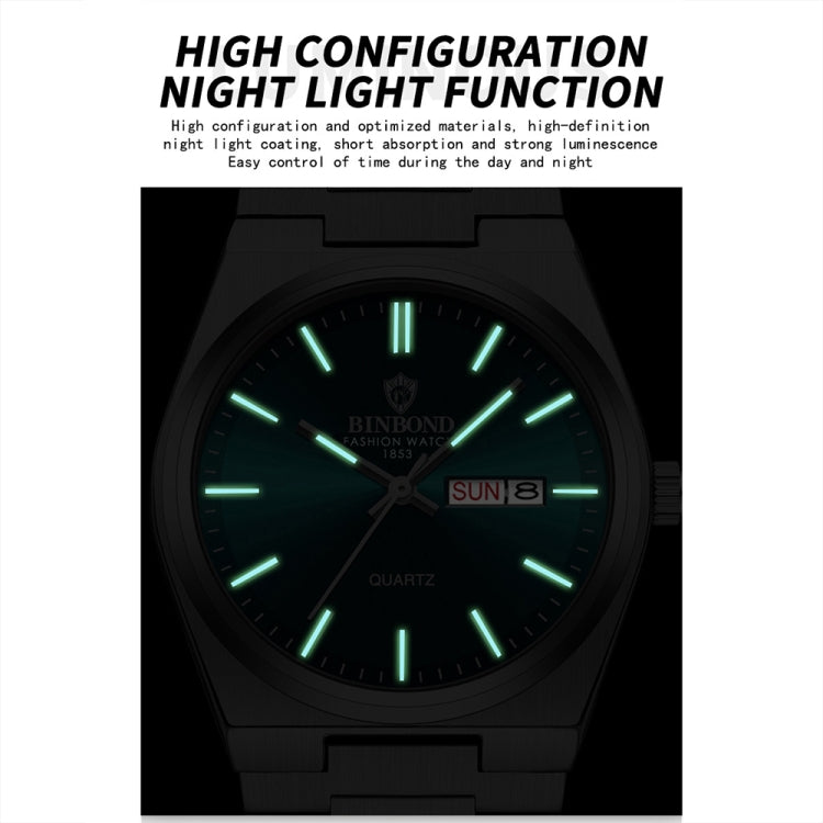 BINBOND B102 Dual-calendar Leisure Waterproof Luminous Quartz Watch, Color: White Steel-Blue - Metal Strap Watches by BINBOND | Online Shopping South Africa | PMC Jewellery | Buy Now Pay Later Mobicred