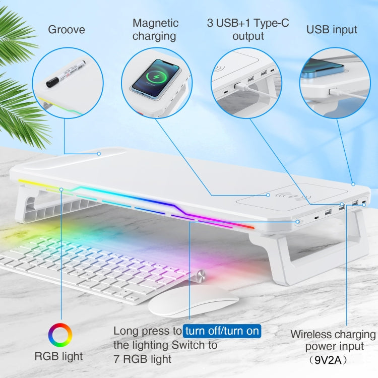 RGB Computer Monitor Stand Riser 3 USB 2.0 +1 Type-C Ports, Spec: Wireless Charging White - Laptop Stand by PMC Jewellery | Online Shopping South Africa | PMC Jewellery | Buy Now Pay Later Mobicred