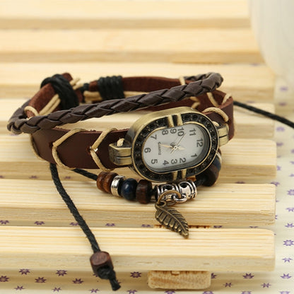 W01350 Vintage Braided Leather Leaf Bracelet Watch(Brown) - Bracelet Watches by PMC Jewellery | Online Shopping South Africa | PMC Jewellery | Buy Now Pay Later Mobicred