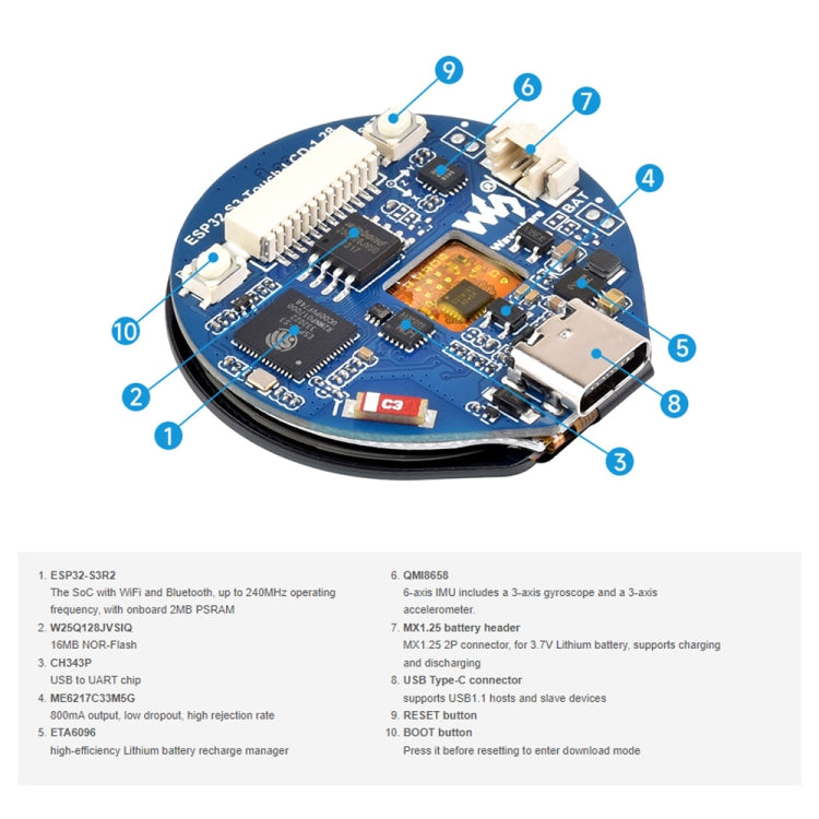 Waveshare 25098 ESP32-S3 1.28-Inch Round Touch LCD Development Board - LCD & LED Display Module by Waveshare | Online Shopping South Africa | PMC Jewellery | Buy Now Pay Later Mobicred