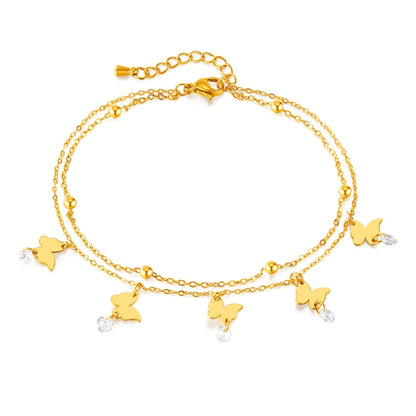 OPK GZ200 Double Layers Stainless Steel Butterfly Anklets(Gold) - Anklets by OPK | Online Shopping South Africa | PMC Jewellery | Buy Now Pay Later Mobicred