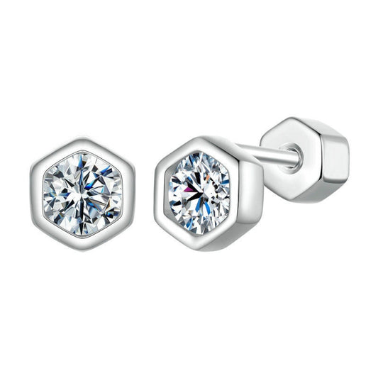 S925 Sterling Silver Plated With Platinum Shining Moissanite Hexagonal Earrings(MSE063) - Stud Earrings & Earrings by PMC Jewellery | Online Shopping South Africa | PMC Jewellery | Buy Now Pay Later Mobicred