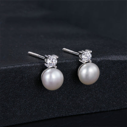 S925 Sterling Silver Platinum-plated Moissanite Pearl Earrings, Size: 0.1 Carat - Stud Earrings & Earrings by PMC Jewellery | Online Shopping South Africa | PMC Jewellery | Buy Now Pay Later Mobicred