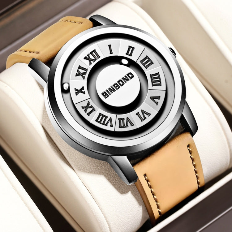 BINBOND B234 30m Waterproof Magnetic Suspension Watch, Color: Yellow Leather-White Steel-White - Leather Strap Watches by BINBOND | Online Shopping South Africa | PMC Jewellery | Buy Now Pay Later Mobicred