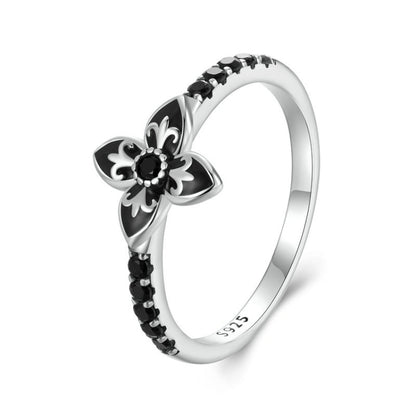 SCR1075 S925 Sterling Silver Oxidized Retro Elegant Black and White Flower Ring(6) - Rings by PMC Jewellery | Online Shopping South Africa | PMC Jewellery | Buy Now Pay Later Mobicred