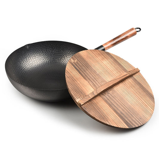 32cm with Wooden Cover Vintage Traditional Handmade Uncoated Wok Pan - Woks by PMC Jewellery | Online Shopping South Africa | PMC Jewellery
