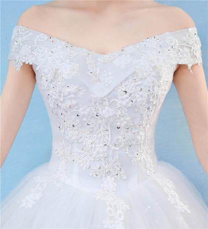 Retro Elegant Off Shoulder LaceThin Court Neat Princess Wedding Dress, Size:L(White) - Wedding Dress by PMC Jewellery | Online Shopping South Africa | PMC Jewellery