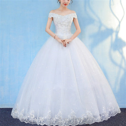 Retro Elegant Off Shoulder LaceThin Court Neat Princess Wedding Dress, Size:XL(White) - Wedding Dress by PMC Jewellery | Online Shopping South Africa | PMC Jewellery