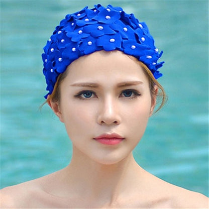 Pearl Three-dimensional Handmade Flower Swimming Cap for Women(Royal Blue) - Swimming Caps by PMC Jewellery | Online Shopping South Africa | PMC Jewellery