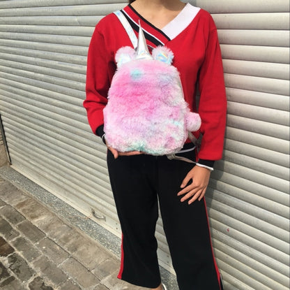 Unicorn Backpack Bag For Teenager Colorful Fur Leather Schoolbag Female Travel Shoulder Bag(Pink) - Double-shoulder Bags by PMC Jewellery | Online Shopping South Africa | PMC Jewellery