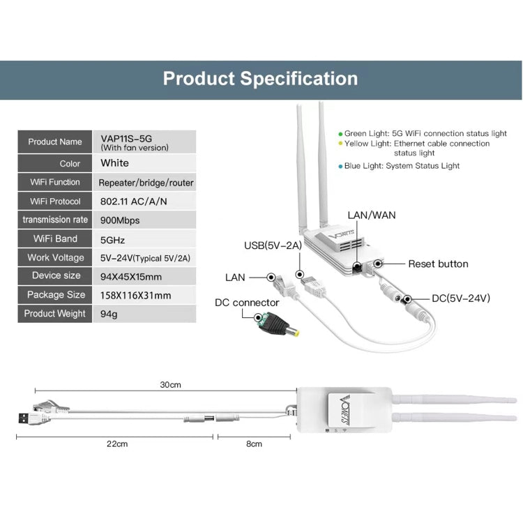 VONETS VAP11S-5G Mini Wireless Bridge 900Mbp WiFi Repeater with 2 Antennas & Fan (White) - Wireless Routers by VONETS | Online Shopping South Africa | PMC Jewellery | Buy Now Pay Later Mobicred