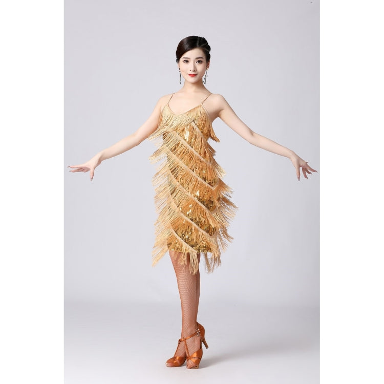 V-neck Suspender Sequined Fringed Latin Dance Dress Competition Performance Suit (Color:Gold Size:S) - Dress by PMC Jewellery | Online Shopping South Africa | PMC Jewellery