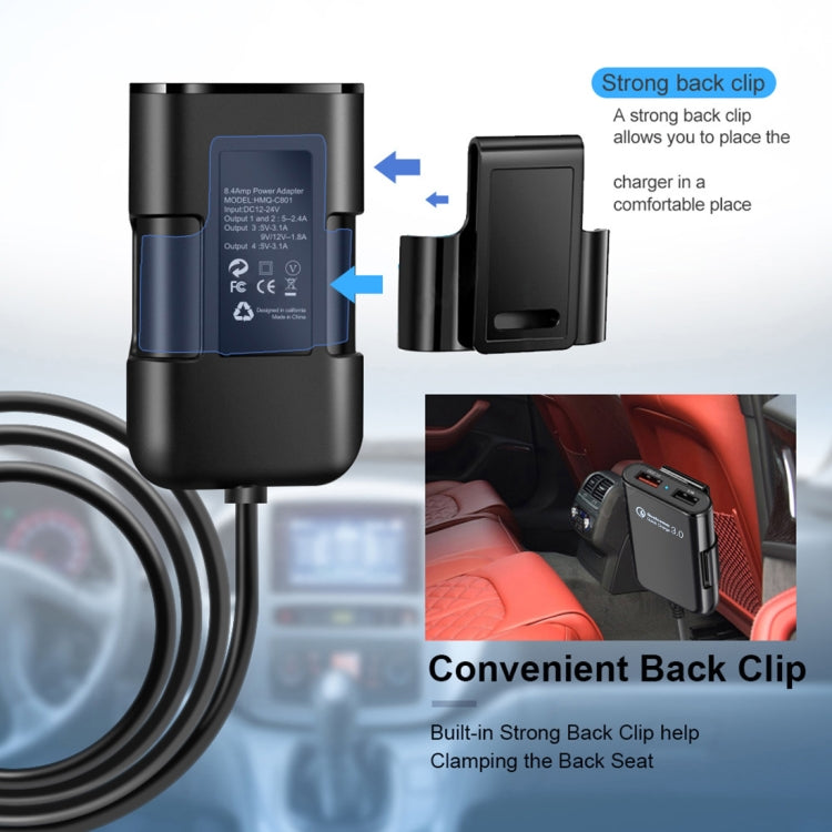 HMQ-C801 1.8m 8A Max 4 Ports USB Car Charger with Extending USB HUB for Front & Back Seat Charging (Black) - Car Charger by PMC Jewellery | Online Shopping South Africa | PMC Jewellery