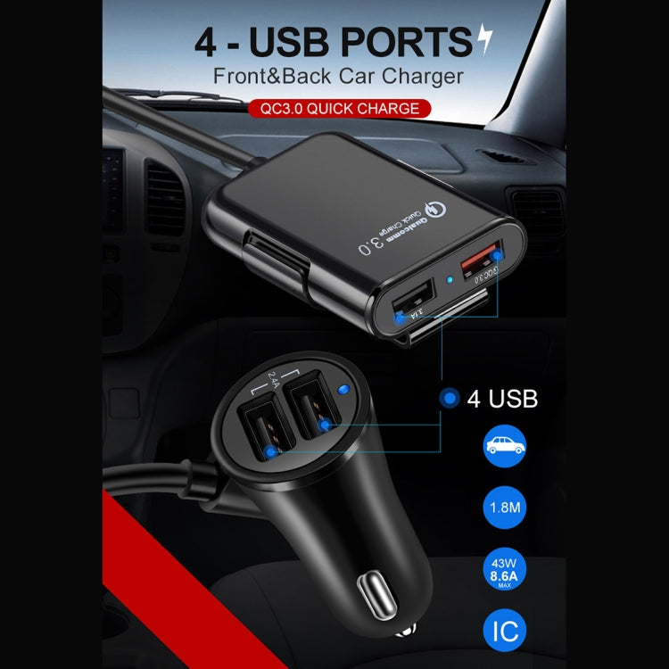 HMQ-C801 1.8m 8A Max 4 Ports USB Car Charger with Extending USB HUB for Front & Back Seat Charging (Black) - Car Charger by PMC Jewellery | Online Shopping South Africa | PMC Jewellery