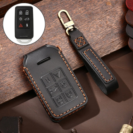 Hallmo Car Cowhide Leather Key Protective Cover Key Case for Volvo 6-button(Black) - Car Key Cases by Hallmo | Online Shopping South Africa | PMC Jewellery