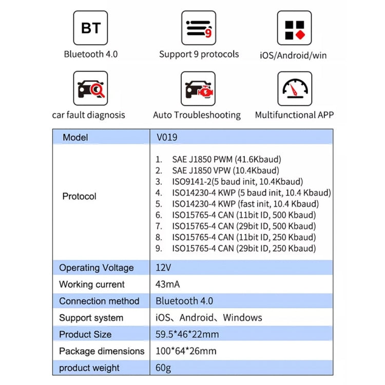 V019 OBD2 Scanner Bluetooth 4.0 ELM327 Car Diagnostic Tool - Code Readers & Scan Tools by PMC Jewellery | Online Shopping South Africa | PMC Jewellery