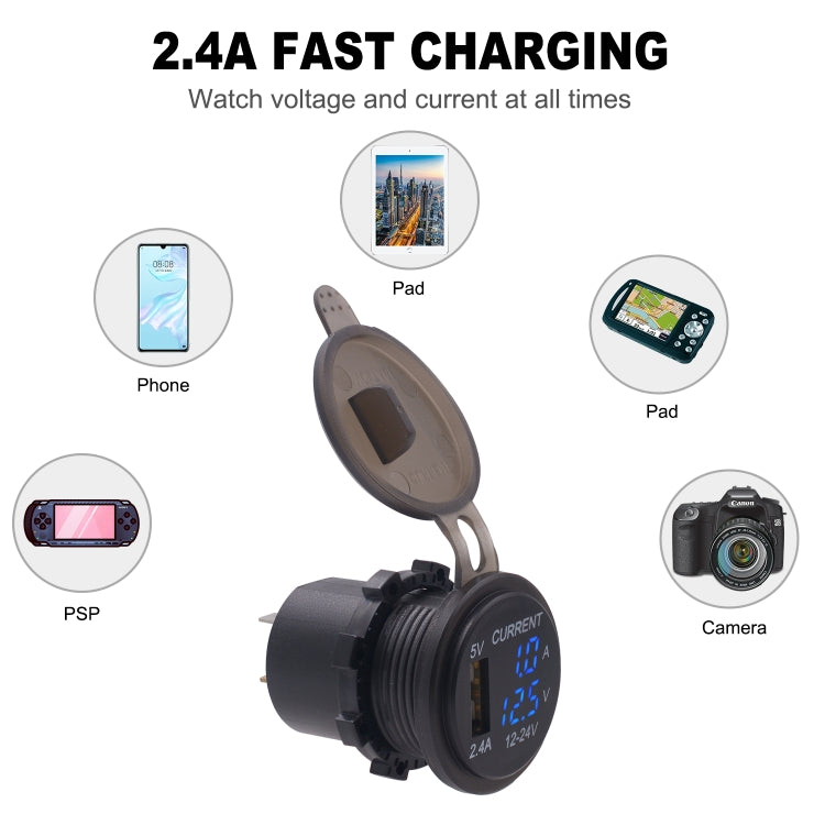 Universal Car Single Port USB Charger Power Outlet Adapter 2.4A 5V IP66 with LED Digital Voltmeter + Ammeter + 60cm Cable(Blue Light) - DIY Modified Charger by PMC Jewellery | Online Shopping South Africa | PMC Jewellery