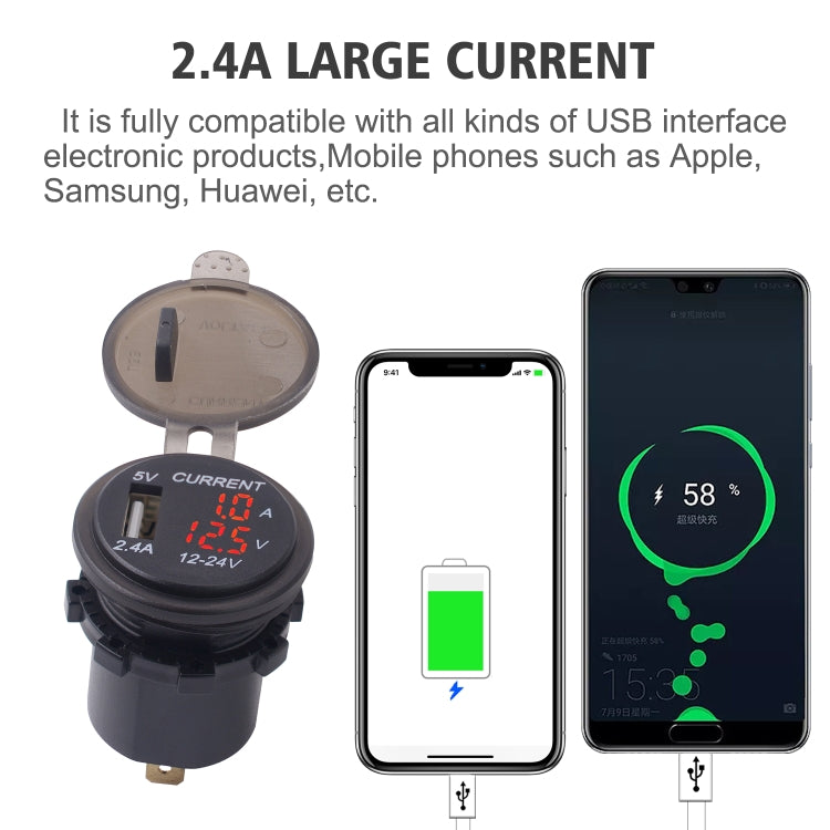 Universal Car Single Port USB Charger Power Outlet Adapter 2.4A 5V IP66 with LED Digital Voltmeter + Ammeter(Red Light) - DIY Modified Charger by PMC Jewellery | Online Shopping South Africa | PMC Jewellery