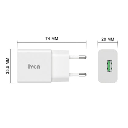 IVON AD-35 2 in 1 18W QC3.0 USB Port Travel Charger + 1m USB to 8 Pin Data Cable Set, EU Plug(White) - USB Charger by IVON | Online Shopping South Africa | PMC Jewellery