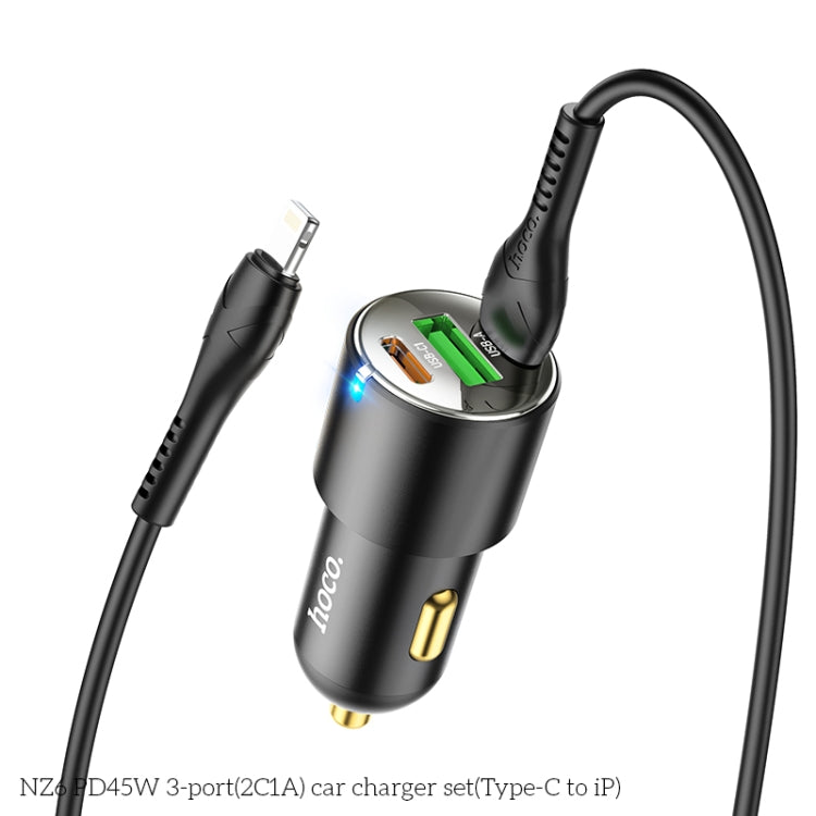 hoco NZ6 Dual Type-C / USB-C + USB PD45W 3-port Car Charger with Type-C / USB-C to 8 Pin Charging Cable(Black) - Car Charger by hoco | Online Shopping South Africa | PMC Jewellery