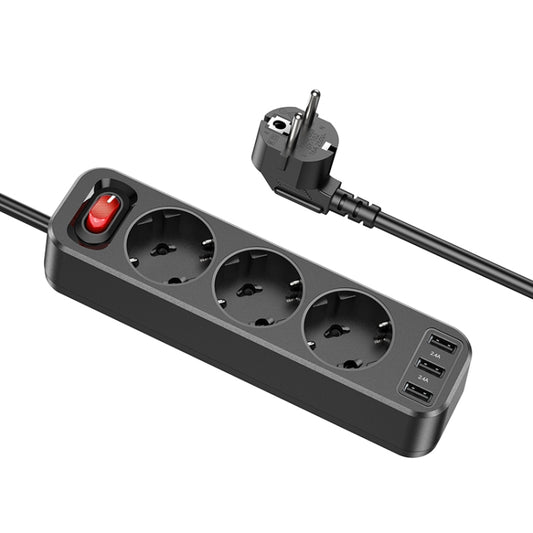 hoco NS2 3-position + 3-USB Extension Cord Socket, EU Plug(Black) - Extension Socket by hoco | Online Shopping South Africa | PMC Jewellery