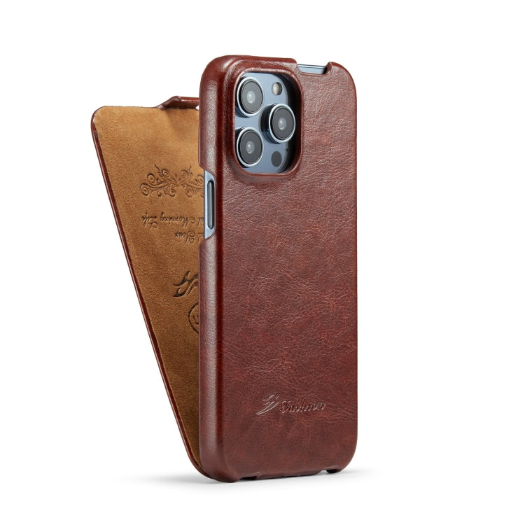For iPhone 14 Pro Max Fierre Shann Oil Wax Texture Vertical Flip PU Phone Case (Brown) - iPhone 14 Pro Max Cases by FIERRE SHANN | Online Shopping South Africa | PMC Jewellery