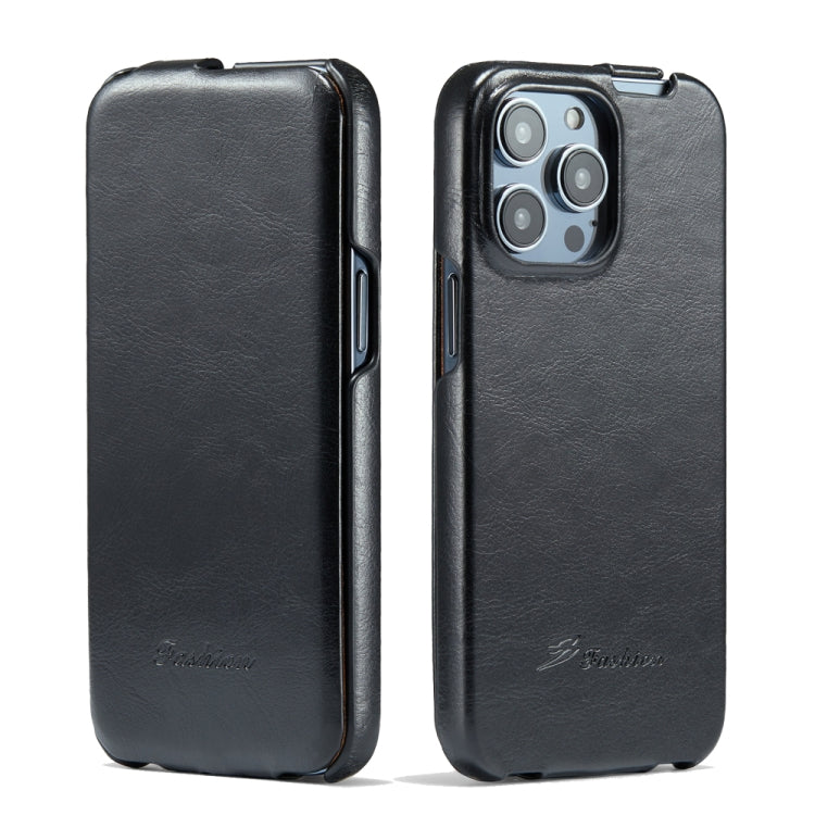For iPhone 14 Pro Max Fierre Shann Oil Wax Texture Vertical Flip PU Phone Case (Black) - iPhone 14 Pro Max Cases by FIERRE SHANN | Online Shopping South Africa | PMC Jewellery