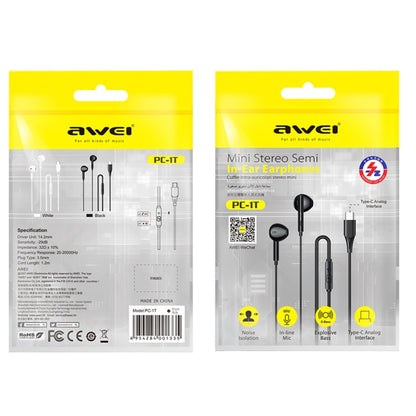 awei PC-1T 1.2m Mini Stereo Semi In-ear Earphones(Black) - Type-C Earphone by awei | Online Shopping South Africa | PMC Jewellery