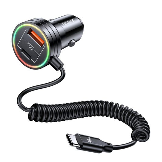 USAMS US-CC167 C33 60W Spring Cable Car Charger with Aperture(Black) - Car Charger by USAMS | Online Shopping South Africa | PMC Jewellery