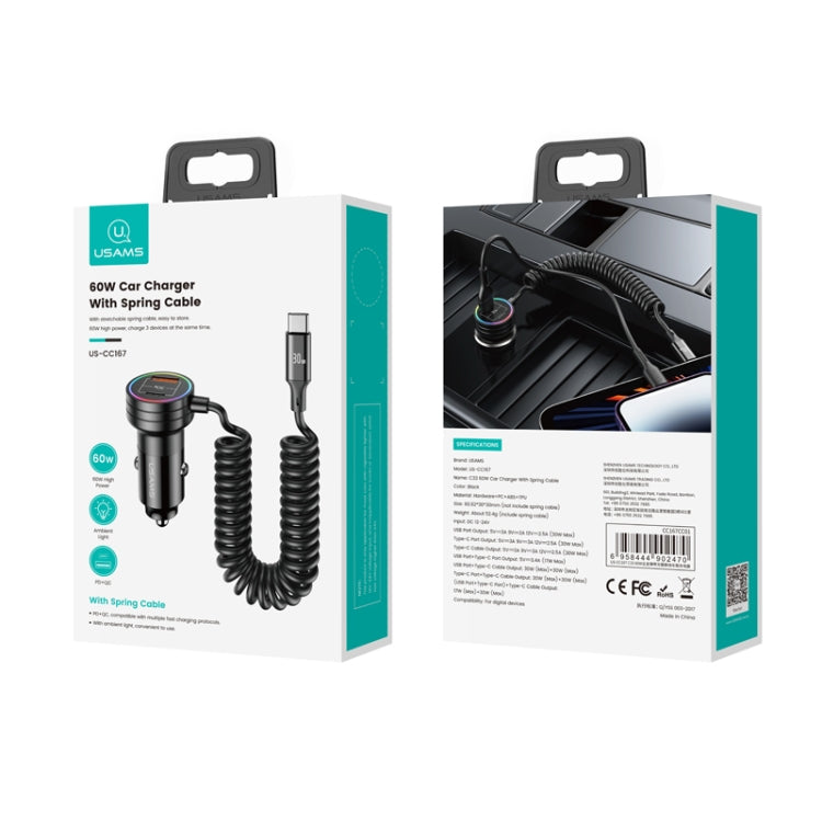 USAMS US-CC167 C33 60W Spring Cable Car Charger with Aperture(Black) - Car Charger by USAMS | Online Shopping South Africa | PMC Jewellery