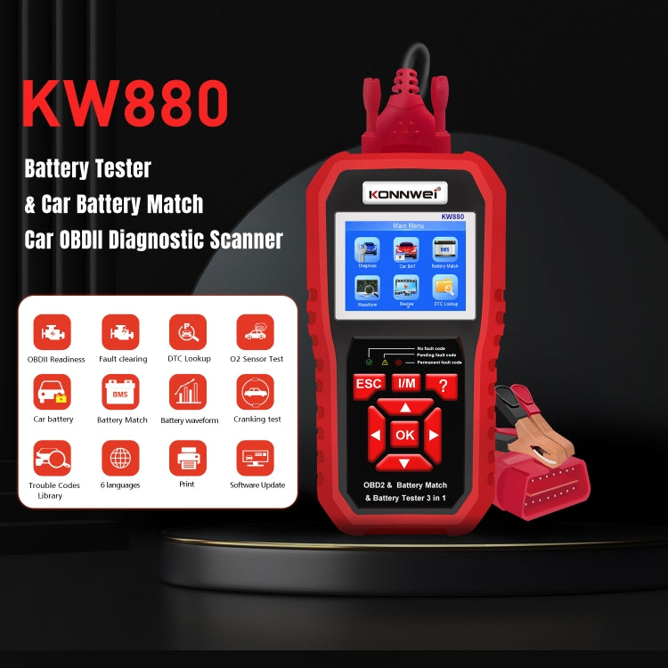 KONNWEI KW880 3 in 1 Car OBD2 Fault Diagnosis + Battery Tester + Battery Match Reset - Code Readers & Scan Tools by KONNWEI | Online Shopping South Africa | PMC Jewellery | Buy Now Pay Later Mobicred