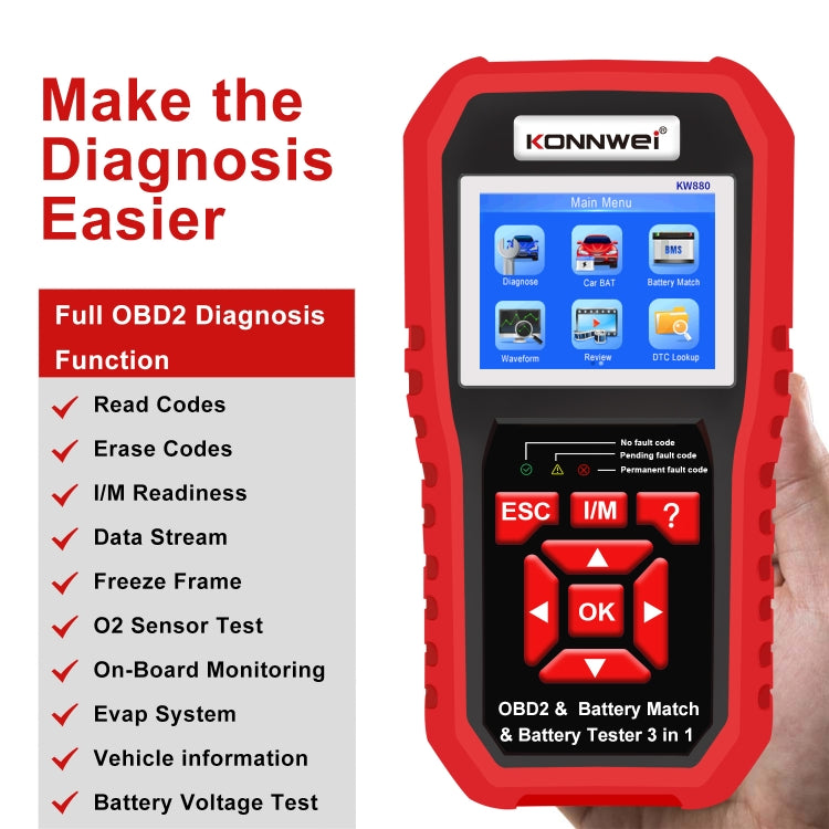 KONNWEI KW880 3 in 1 Car OBD2 Fault Diagnosis + Battery Tester + Battery Match Reset - Code Readers & Scan Tools by KONNWEI | Online Shopping South Africa | PMC Jewellery | Buy Now Pay Later Mobicred