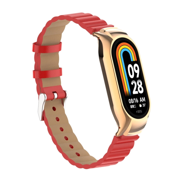 For Xiaomi Mi Band 8 Integrated Metal Case + Bamboo Leather Watch Band(Red) - Smart Wear by PMC Jewellery | Online Shopping South Africa | PMC Jewellery