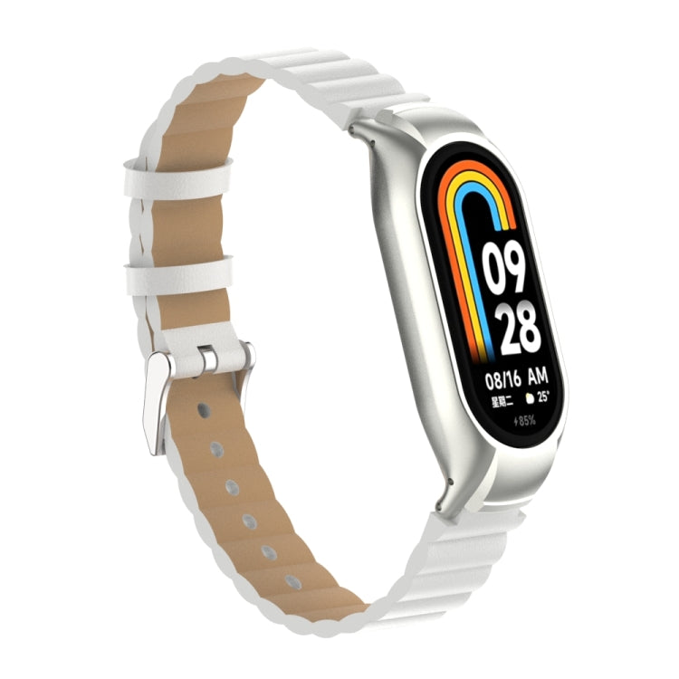 For Xiaomi Mi Band 8 Integrated Metal Case + Bamboo Leather Watch Band(White) - Smart Wear by PMC Jewellery | Online Shopping South Africa | PMC Jewellery