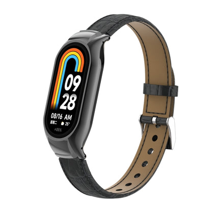 For Xiaomi Mi Band 8 Integrated Metal Case + Cocodile Texture Leather Watch Band(Black) - Smart Wear by PMC Jewellery | Online Shopping South Africa | PMC Jewellery