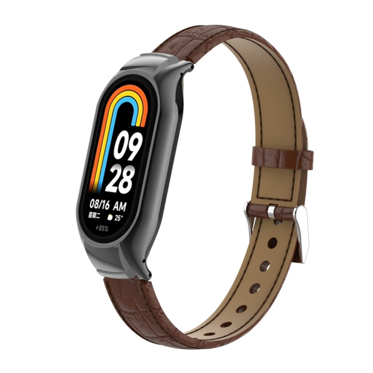 For Xiaomi Mi Band 8 Integrated Metal Case + Cocodile Texture Leather Watch Band(Brown) - Smart Wear by PMC Jewellery | Online Shopping South Africa | PMC Jewellery