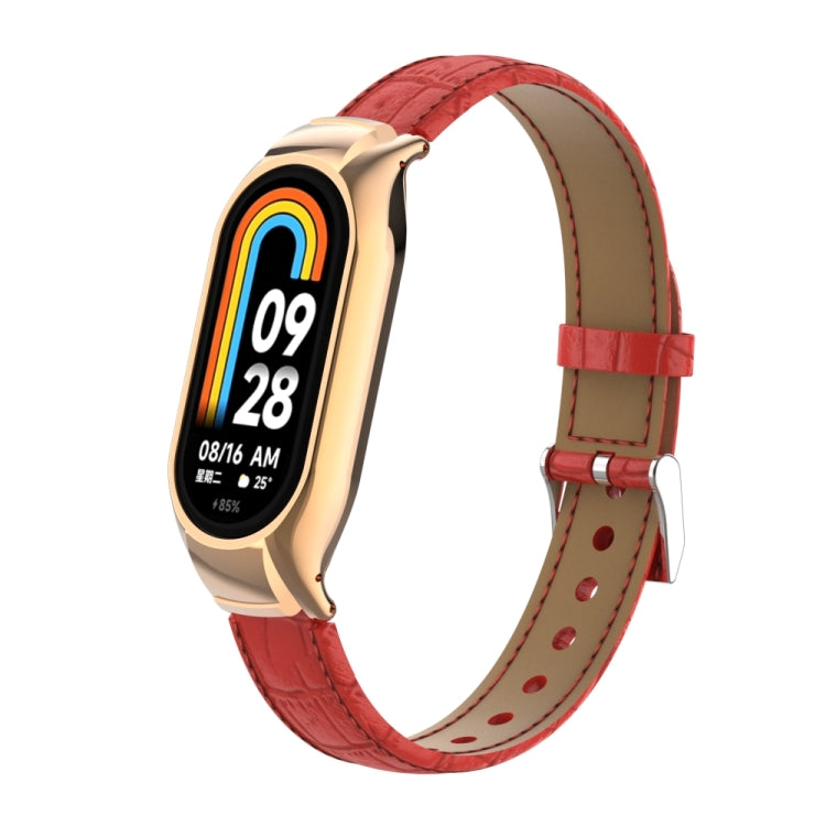 For Xiaomi Mi Band 8 Integrated Metal Case + Cocodile Texture Leather Watch Band(Red) - Smart Wear by PMC Jewellery | Online Shopping South Africa | PMC Jewellery