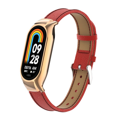 For Xiaomi Mi Band 8 Integrated Metal Case + Litchi Texture Leather Watch Band(Red) - Smart Wear by PMC Jewellery | Online Shopping South Africa | PMC Jewellery