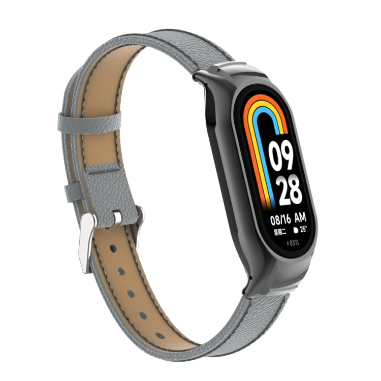 For Xiaomi Mi Band 8 Integrated Metal Case + Litchi Texture Leather Watch Band(Grey) - Smart Wear by PMC Jewellery | Online Shopping South Africa | PMC Jewellery