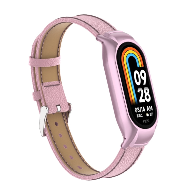 For Xiaomi Mi Band 8 Integrated Metal Case + Litchi Texture Leather Watch Band(Pink) - Smart Wear by PMC Jewellery | Online Shopping South Africa | PMC Jewellery