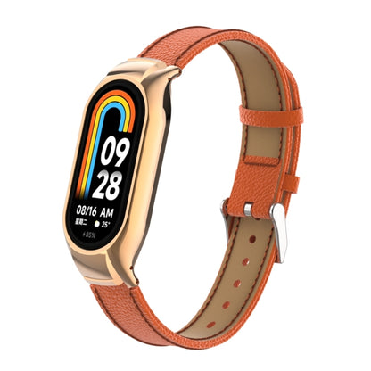 For Xiaomi Mi Band 8 Integrated Metal Case + Litchi Texture Leather Watch Band(Orange) - Smart Wear by PMC Jewellery | Online Shopping South Africa | PMC Jewellery