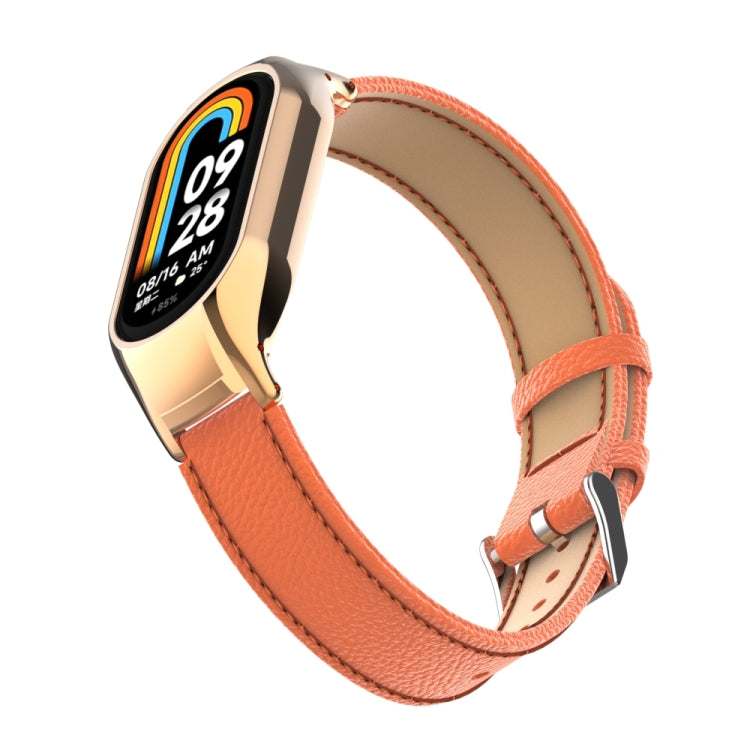 For Xiaomi Mi Band 8 Integrated Metal Case + Litchi Texture Leather Watch Band(Orange) - Smart Wear by PMC Jewellery | Online Shopping South Africa | PMC Jewellery